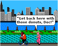 Doc flees from a training session with a box of donuts